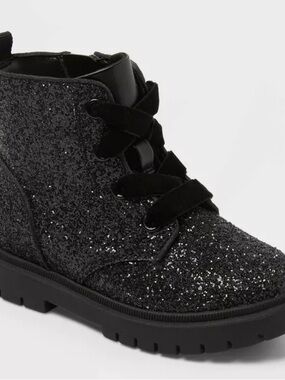 Cat & Jack Black Glitter Lace-Up Ankle Boots Sz 12